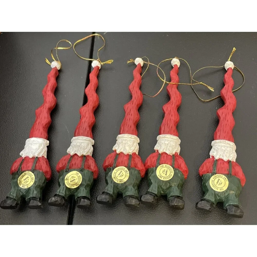 Ganz Resin Santas Christmas Ornaments Long Spiral Hat Overalls Set Of 5‎